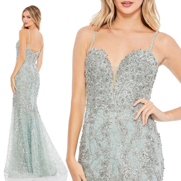 MAC DUGGALEMBELLISHED SLEEVELESS PLUNGE NECK TRUMPET GOWN A20242 20242